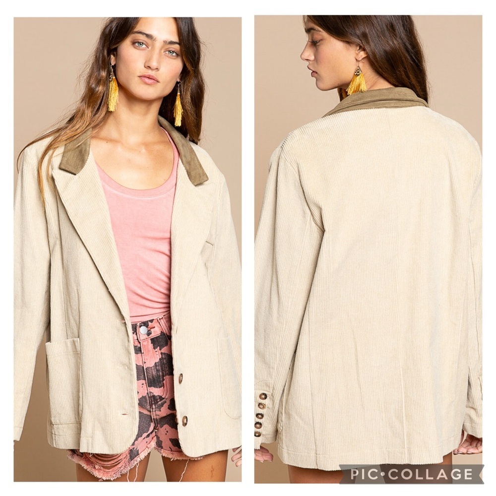 POL Clothing Mocha Beige Corduroy Blazer with Contrasting Brown Collar Size M